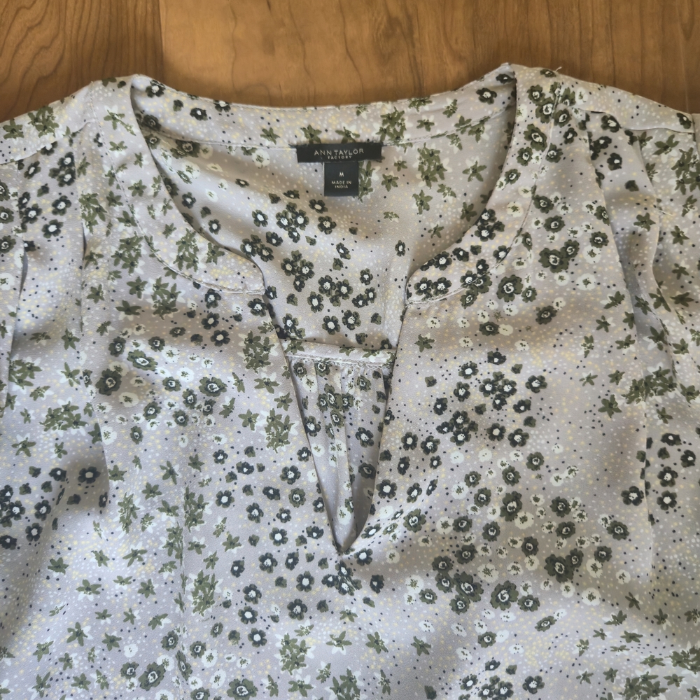 Ann Taylor Factory Floral Ruffle Sleeve Blouse - Grey and Green - Picture 4 of 10